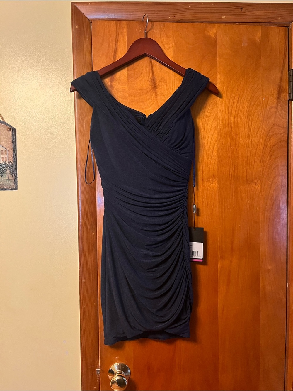Elegant navy blue 
Ruched V-Neck Women’s Dress